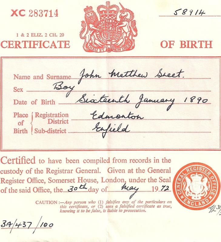 John Matthew Street (Aka Carney) birth cert